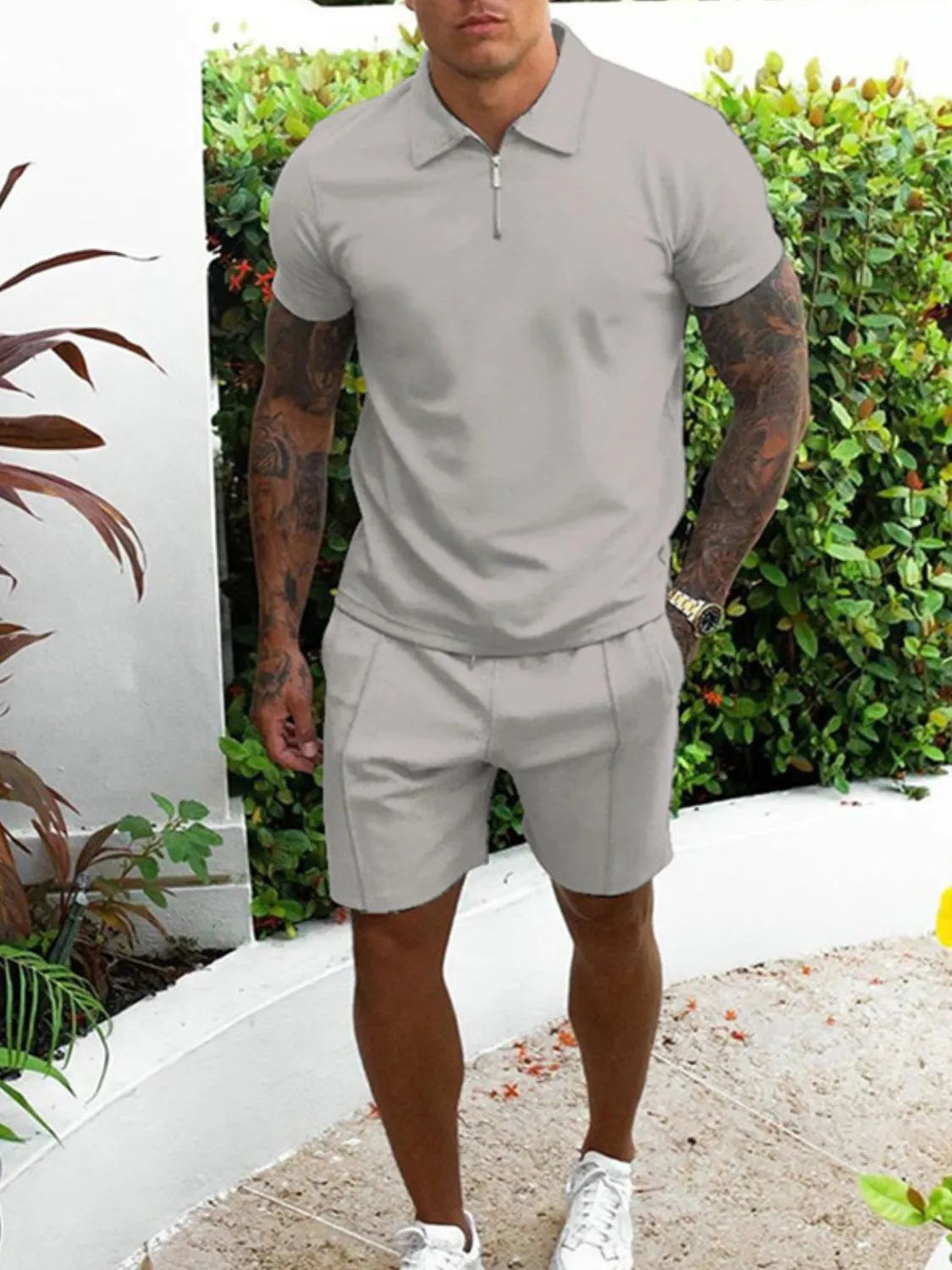 Men's collared top and shorts set, gray zip polo and matching shorts