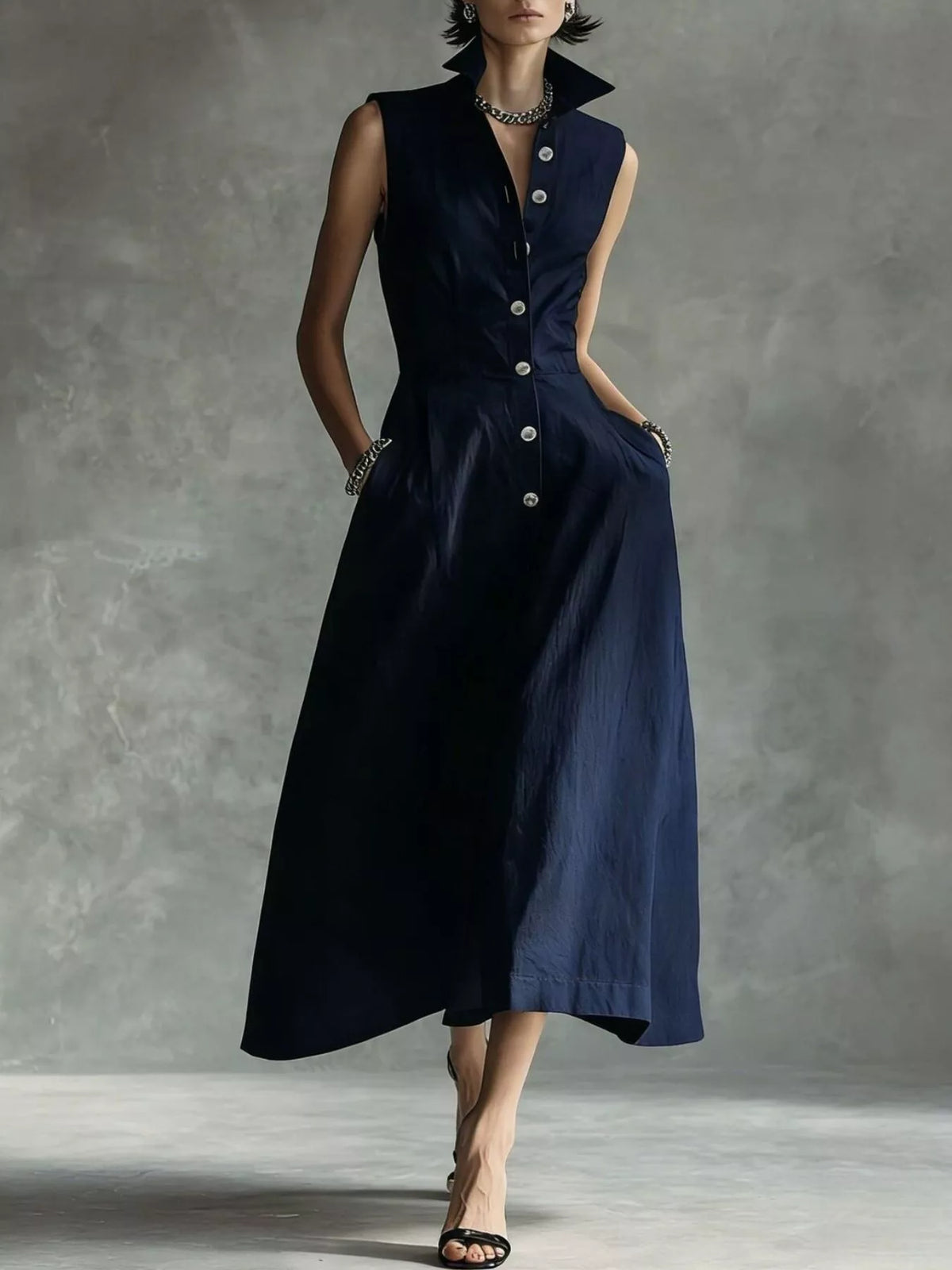 Dark blue sleeveless midi shirt dress with pointed collar and button front, A-line skirt.