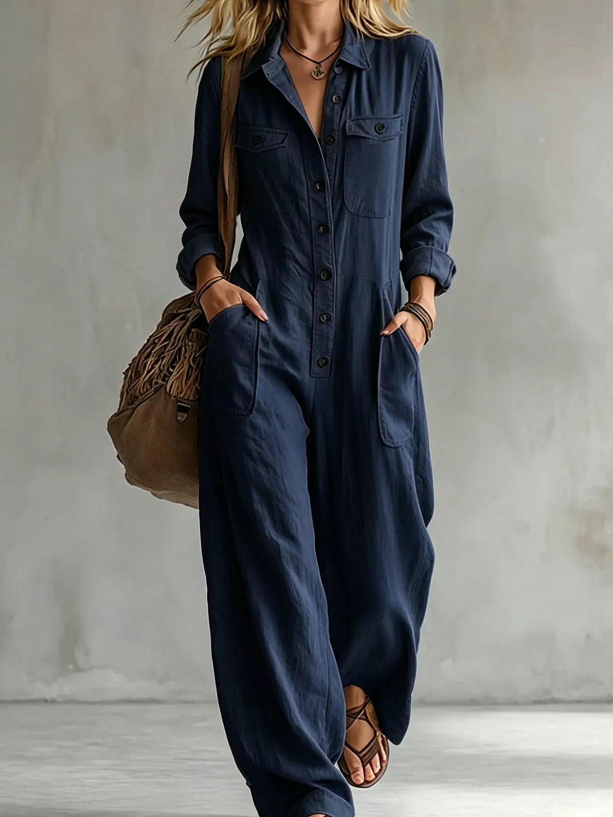 Navy long-sleeve button-front jumpsuit with pointed collar and chest patch pockets