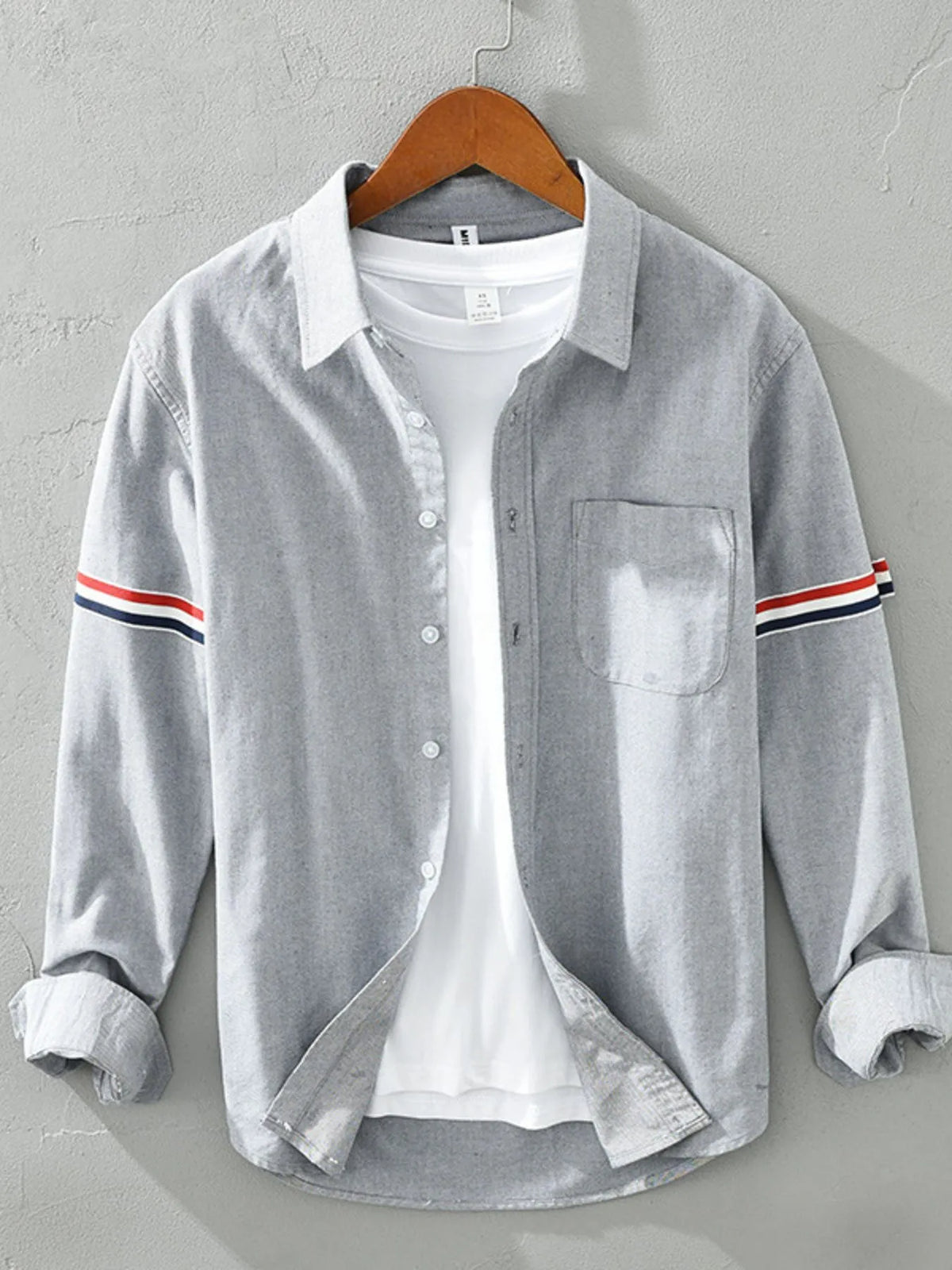 Men's classic long sleeve button-up shirt in grey, chest pocket and striped sleeve band
