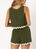 Army green sleeveless top and shorts set with cream wavy contrast trim