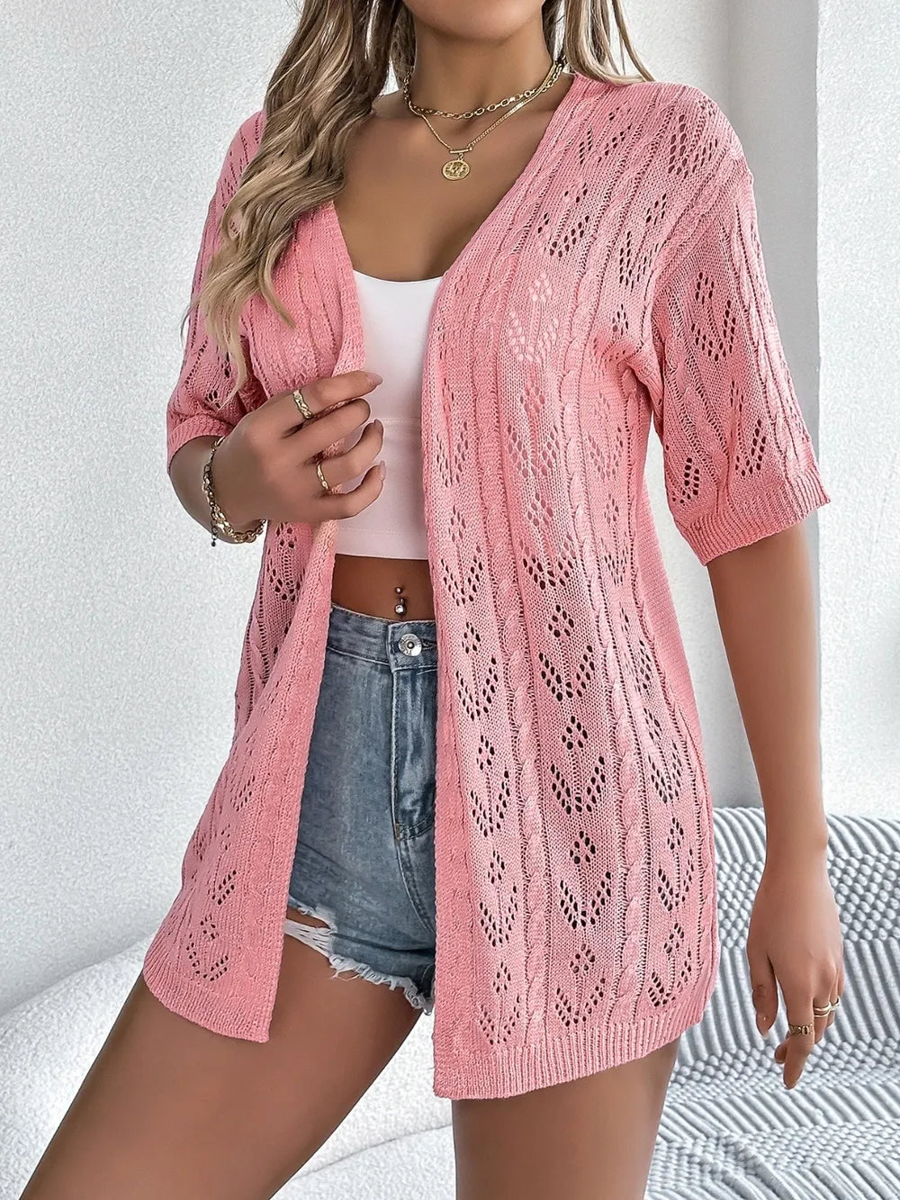 Pink openwork open-front half-sleeve cardigan, short-sleeve V-neck