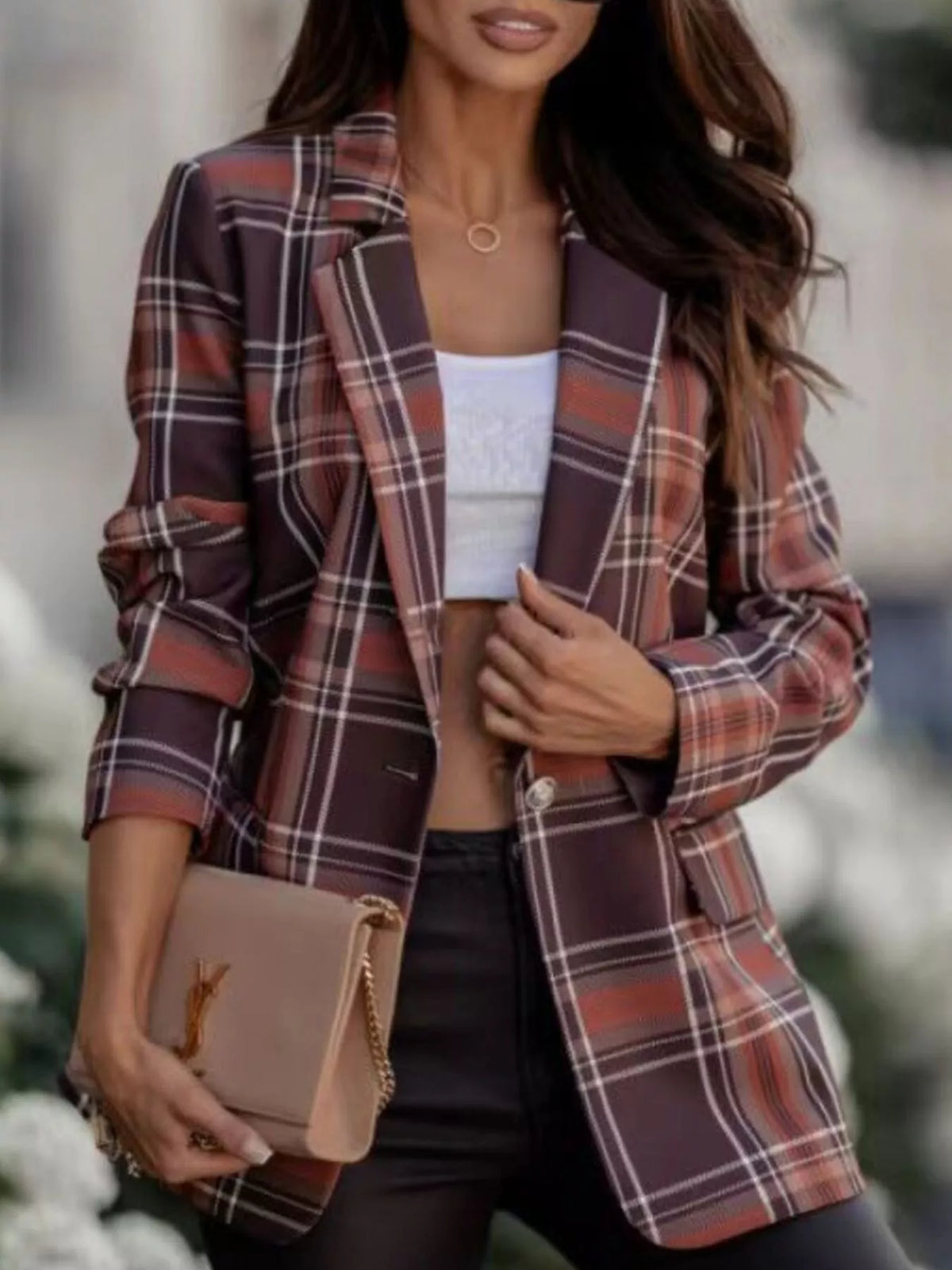 Women’s plaid blazer with lapel collar in brown, tan, and white vertical stripe checks