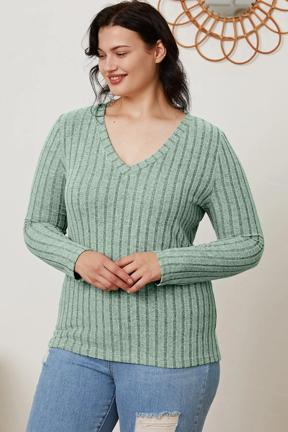 Cedar & Moore Basic Bae ribbed V-neck long sleeve tee in sage green knit fabric