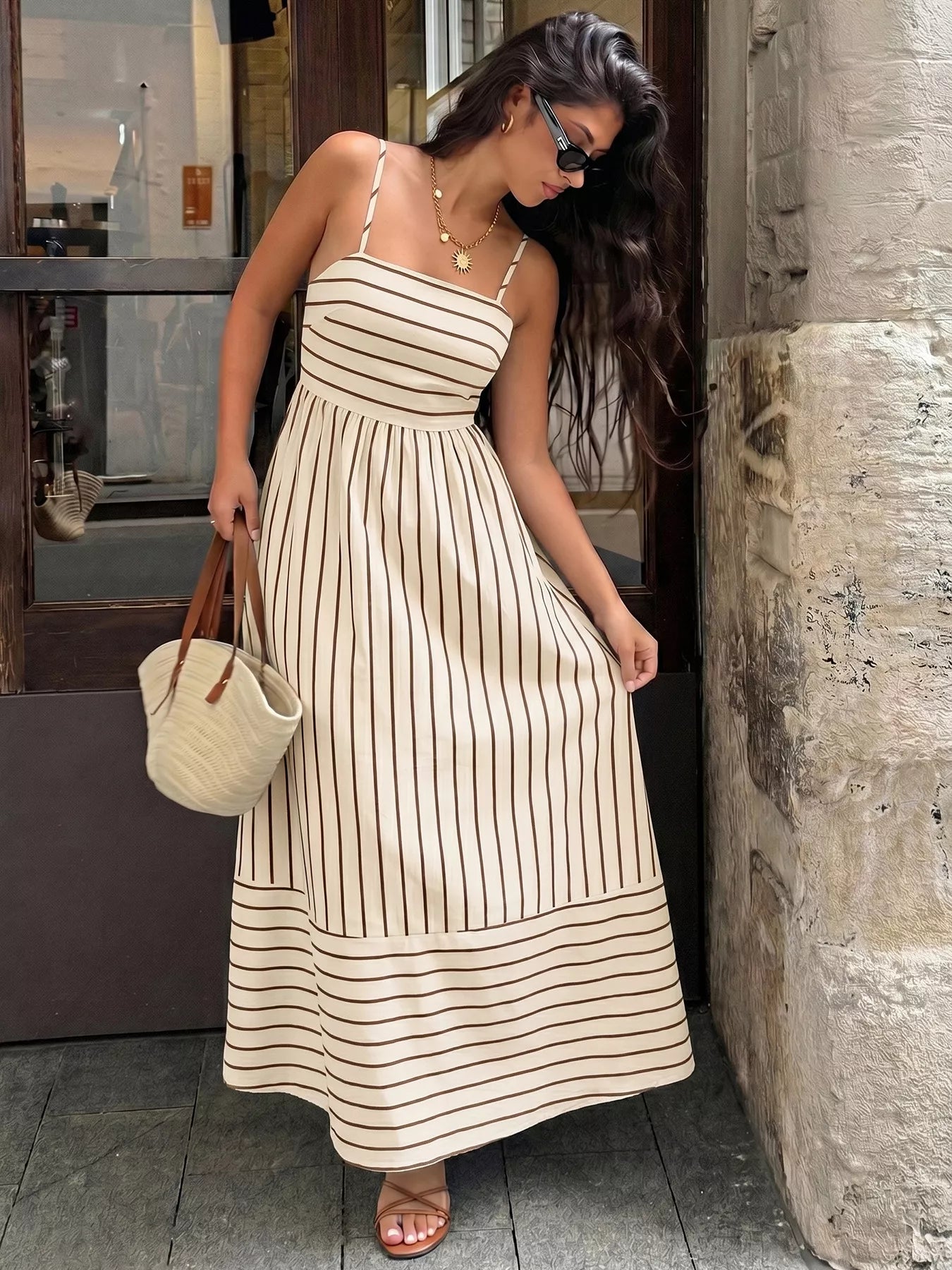 Cedar & Moore Striped spaghetti-strap maxi dress in beige with brown stripes, smocked bodice