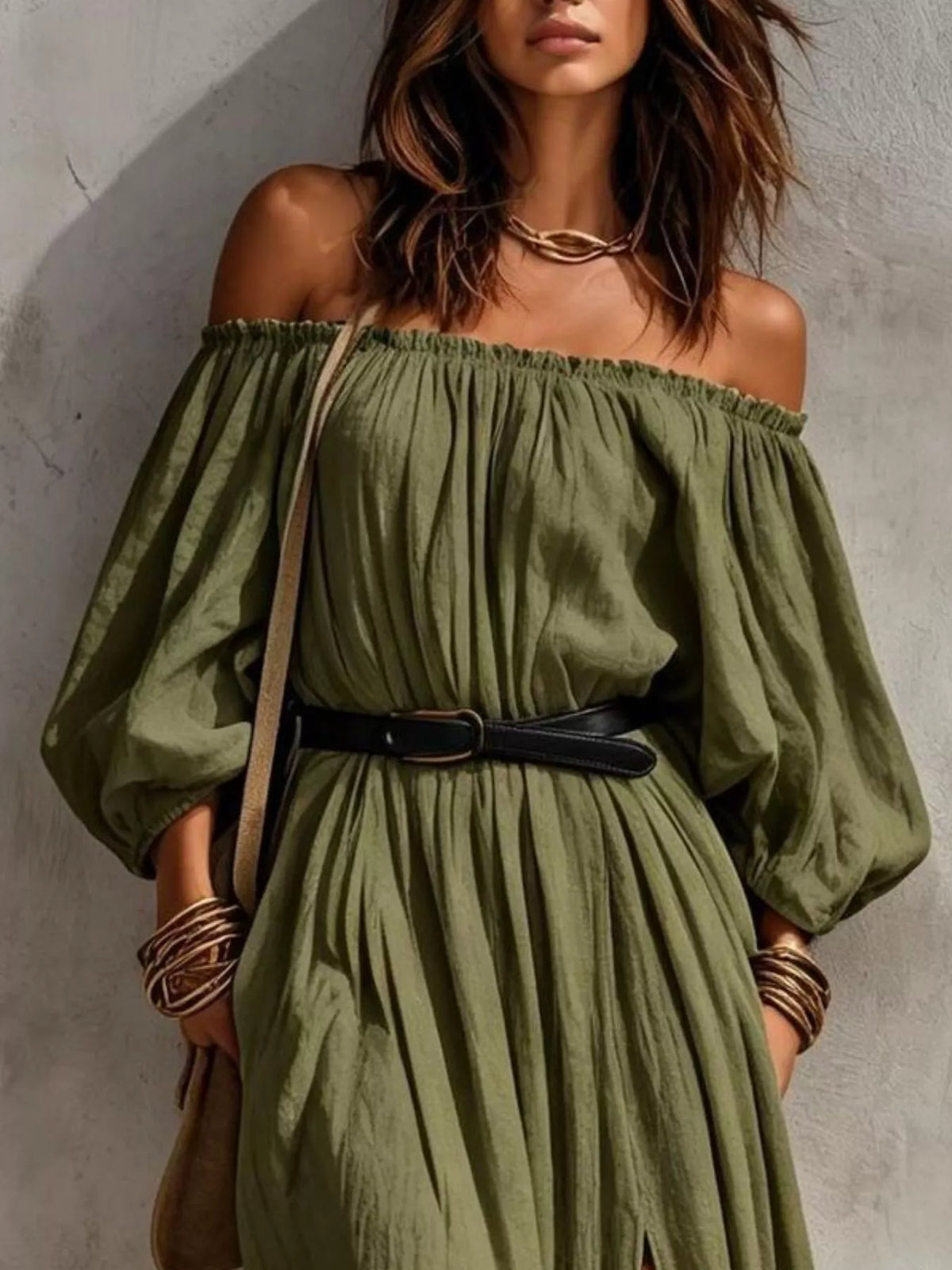 Moss off-shoulder maxi dress with belt, billowy sleeves, gathered bust and side slit