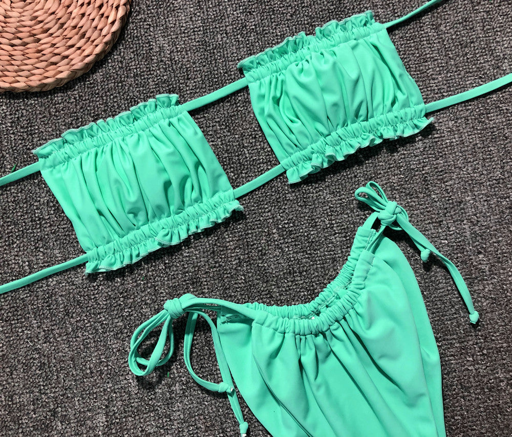 Ruched frill-trim bikini set in teal: bandeau top and ruched string bikini bottom