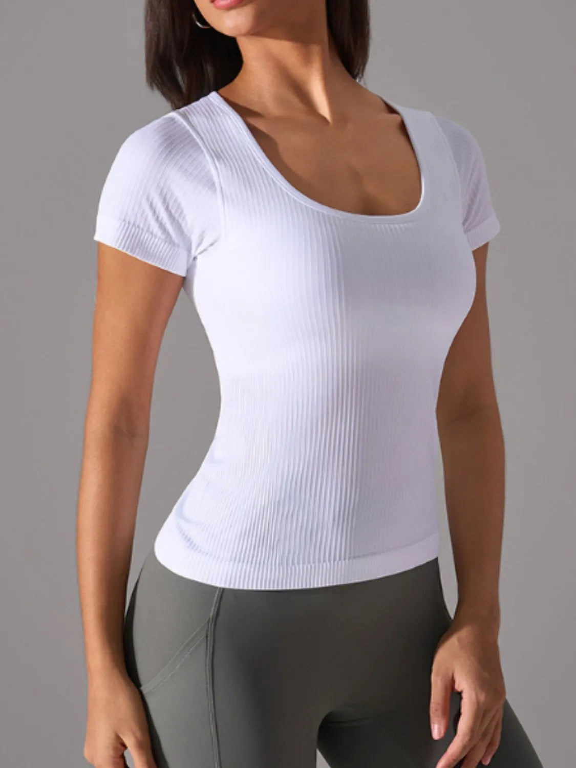 White square-neck active t-shirt with short sleeves and fitted ribbed body