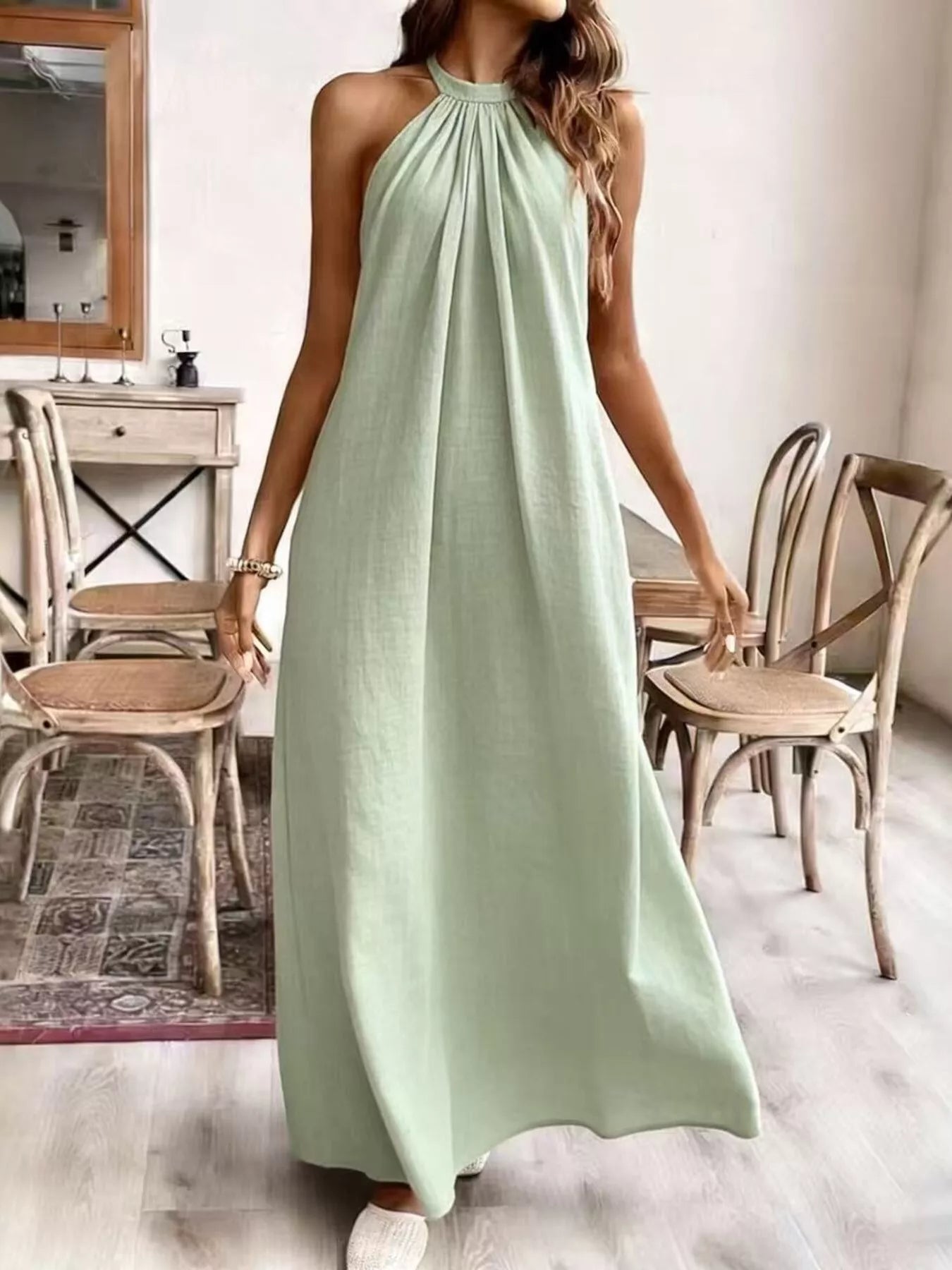 Lavender halter neck maxi dress with gathered high neckline and sleeveless design