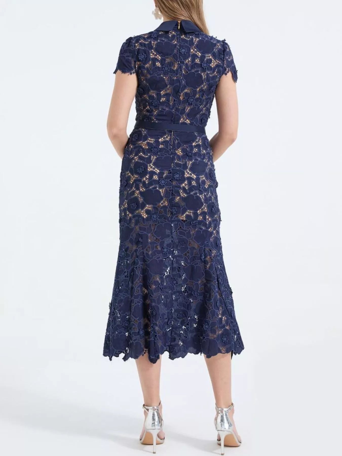 Cedar & Moore Floral Lace Short Sleeve Navy Midi Dress by Trendsi with back zipper
