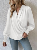 Trendsi white surplice long-sleeve blouse with draped front and smocked cuffs