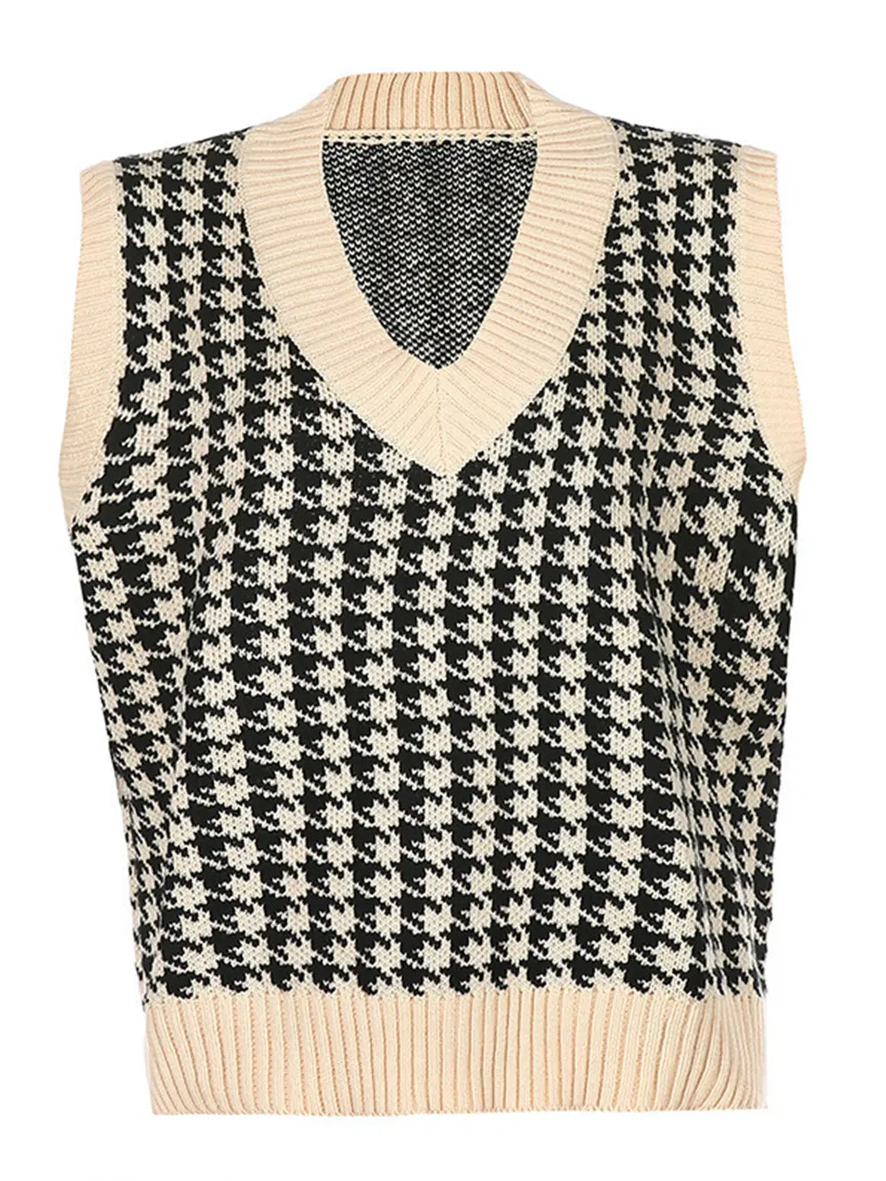 Cream and black houndstooth V-neck sleeveless sweater vest with ribbed neckline