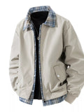 Men's long sleeve plaid jacket with beige shell, blue plaid collar, zip-front, pockets