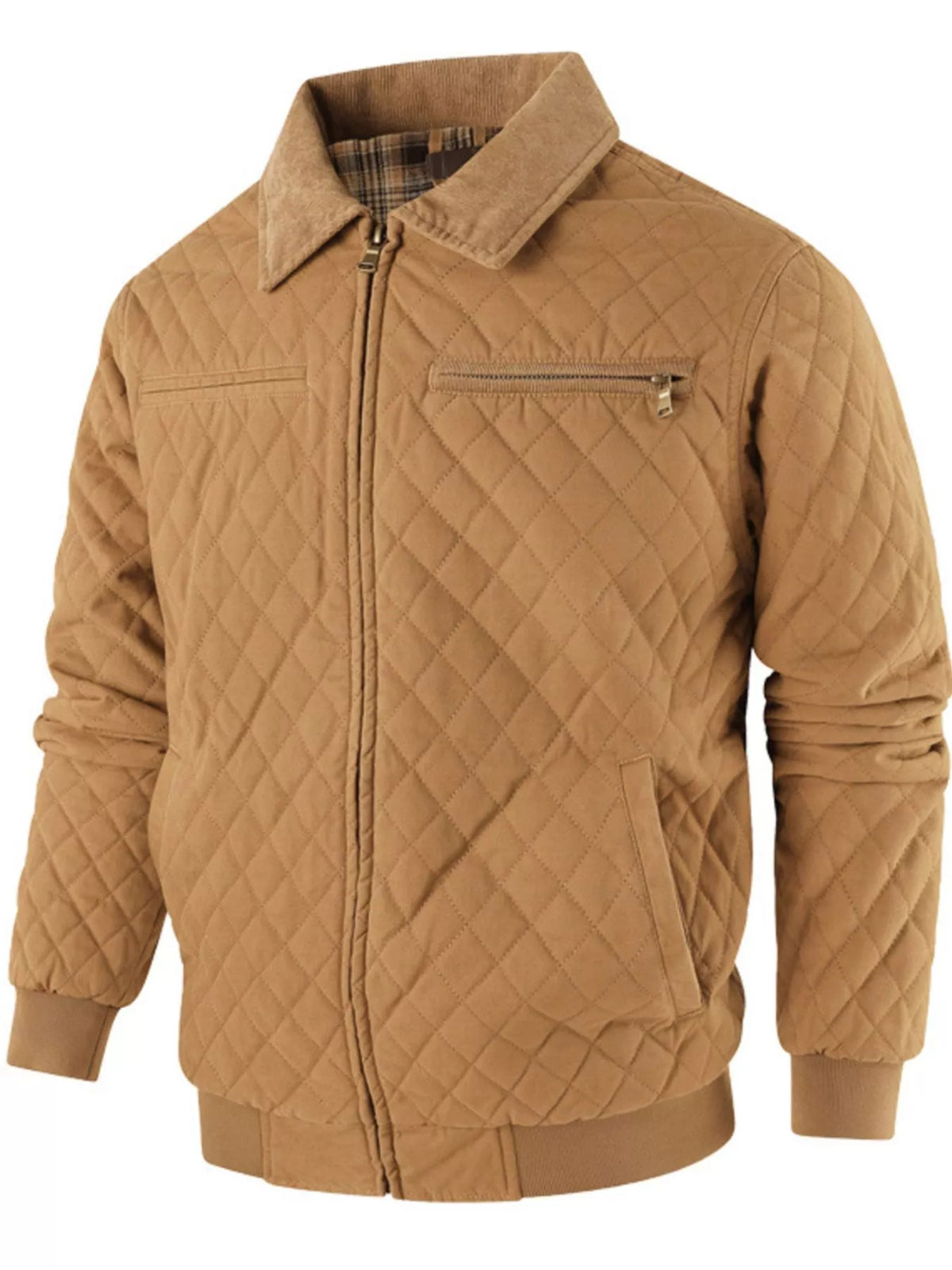 Men's khaki quilted zip-collar jacket, diamond stitch, chest zip pocket