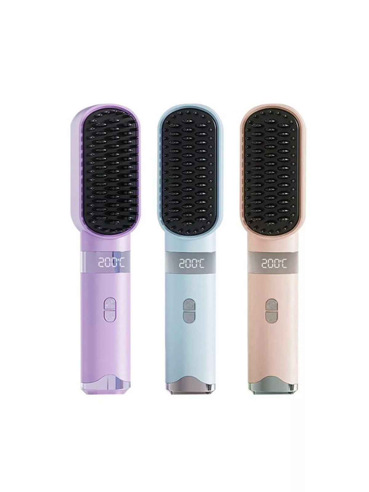 Set of three straightening hot brushes: lilac, light blue, and peach with LCD