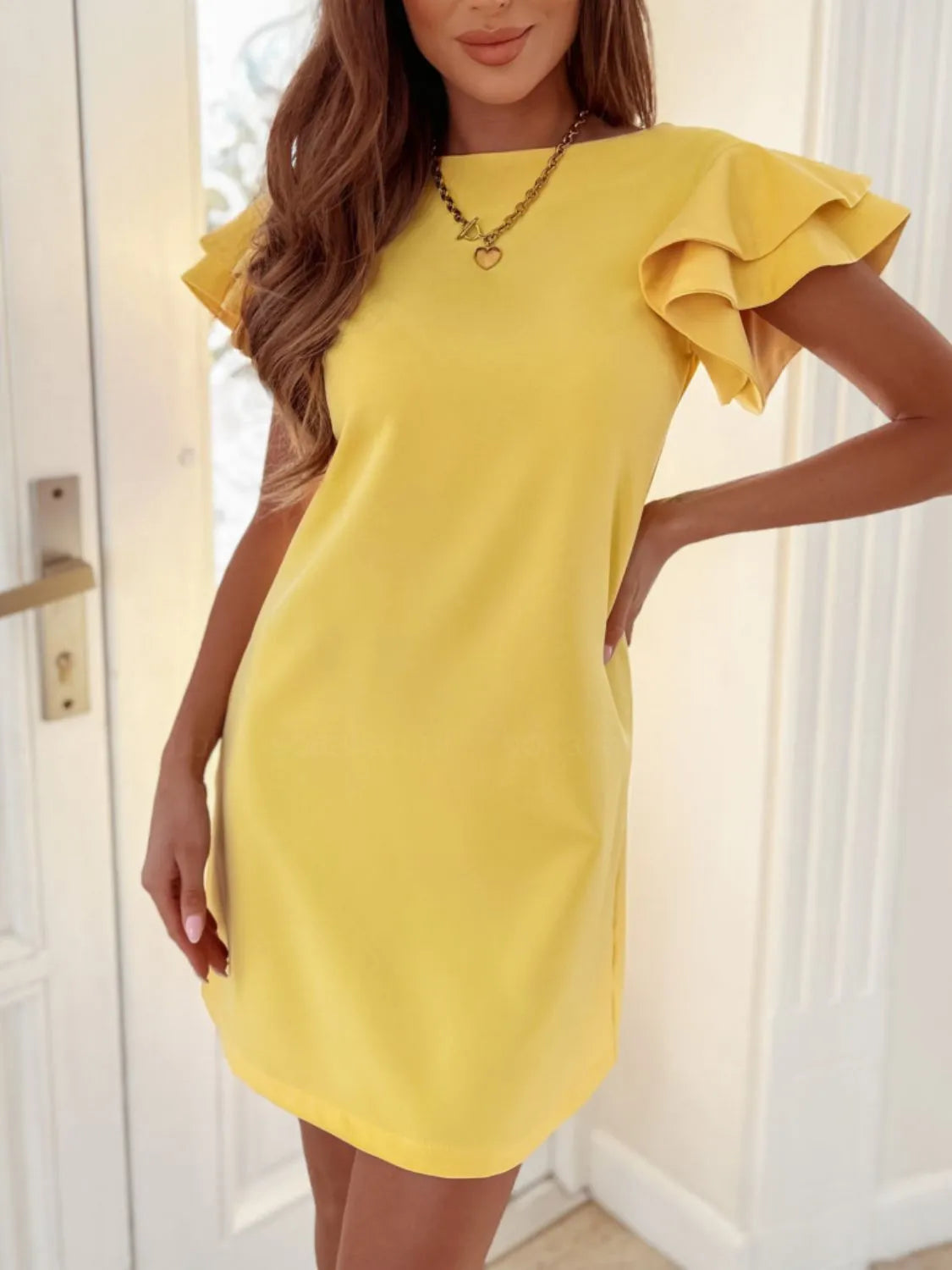 Ruffled layered mini dress, yellow, short sleeves with layered ruffle shoulders
