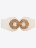 Elastic vegan belt with gold-tone circle buckle, cream strap
