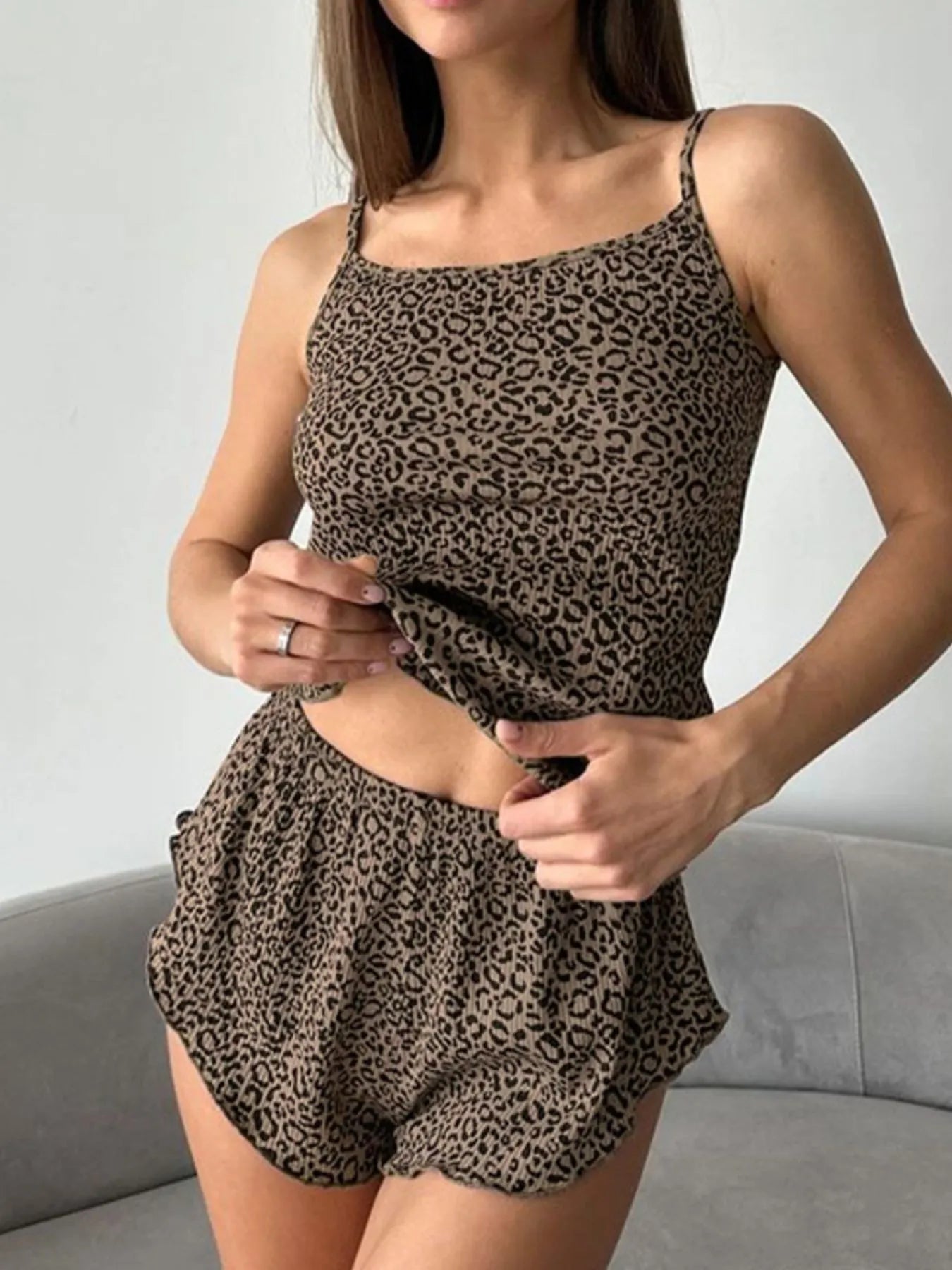 Leopard print cami top and mini shorts set with adjustable straps
