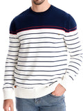 Men's navy striped round-neck sweater with red-and-white bands, long sleeves