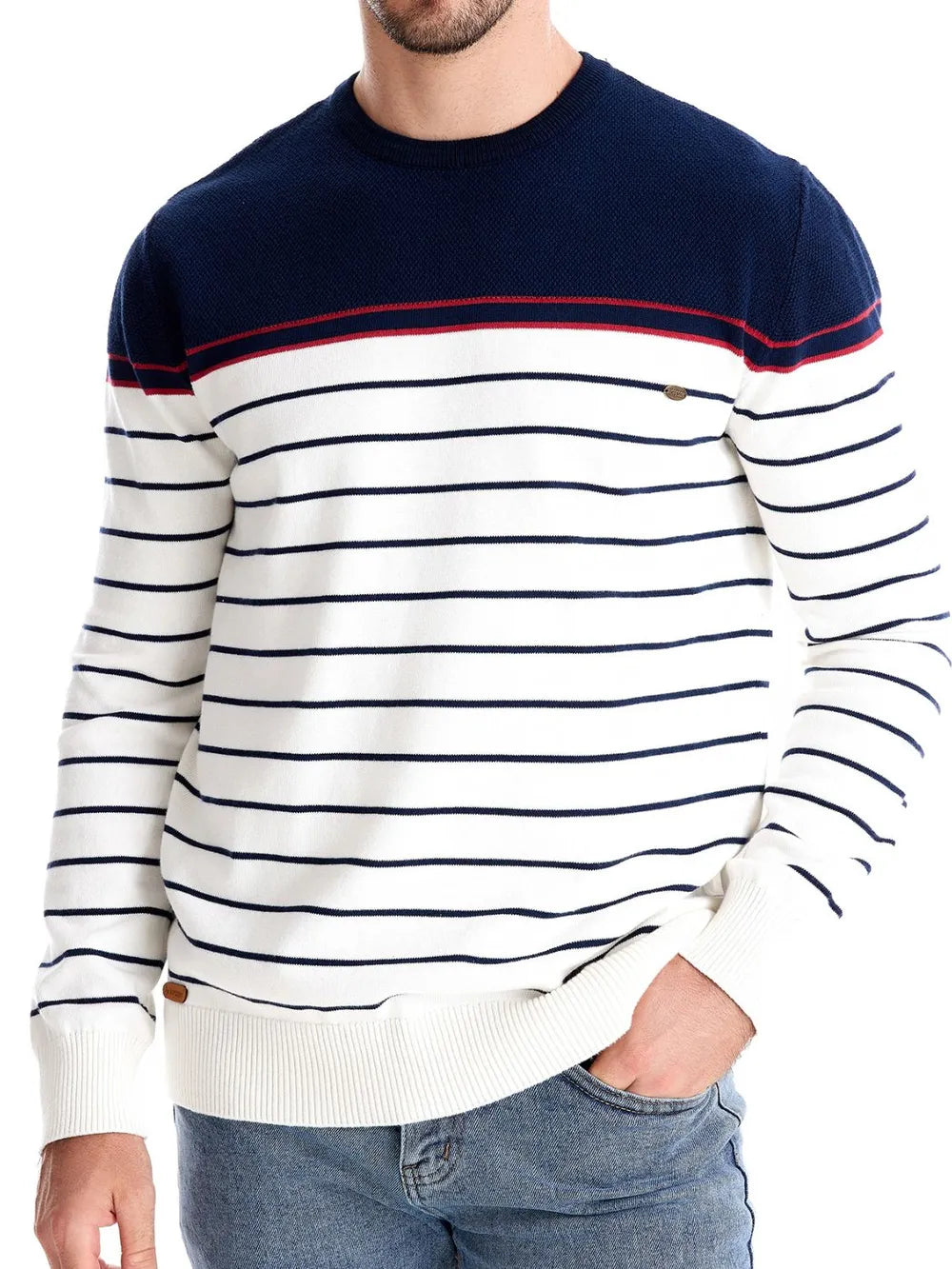 Men's navy striped round-neck sweater with red-and-white bands, long sleeves