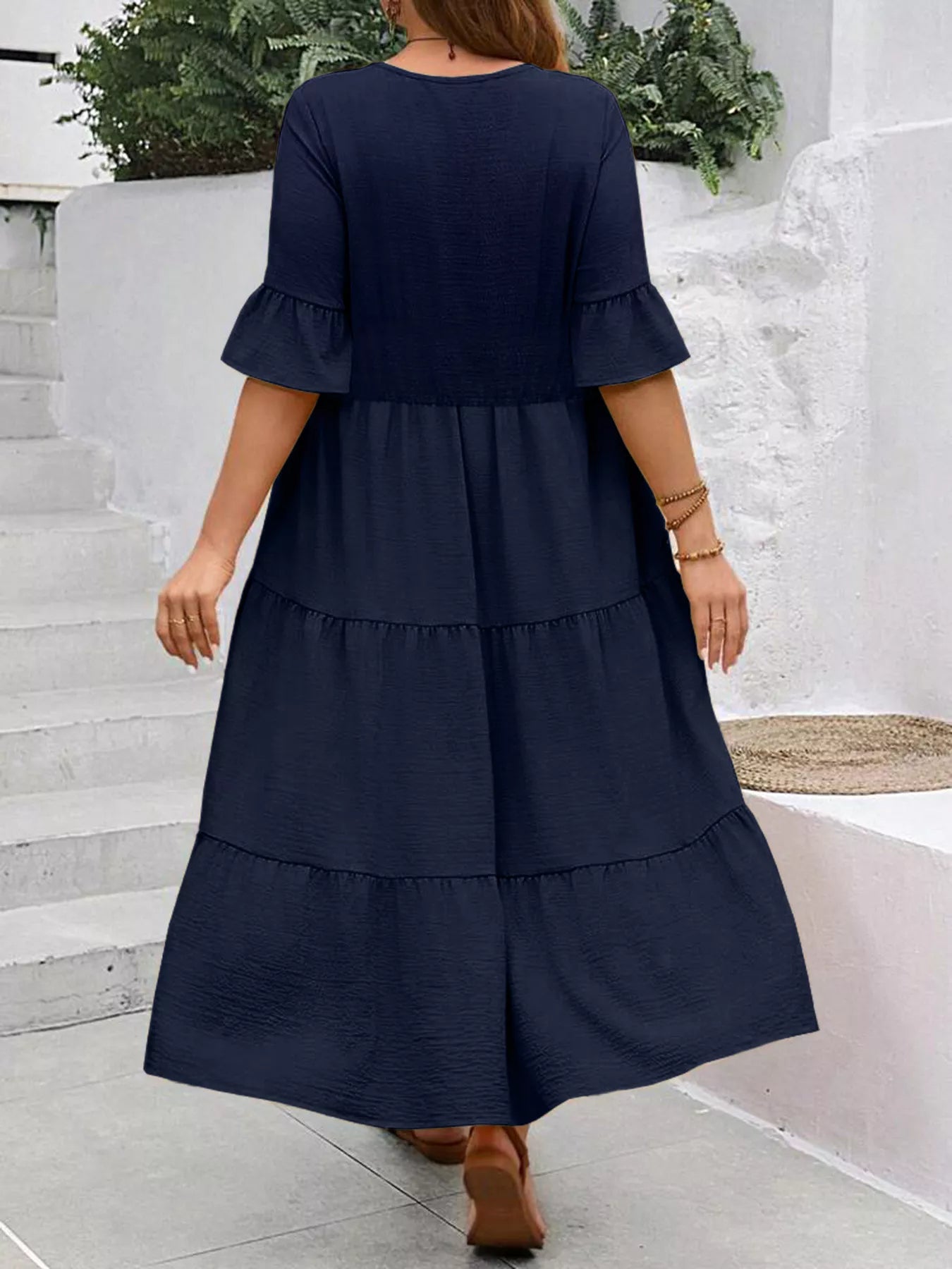 Tiered midi dress with ruffle sleeves, back view, dark navy blue