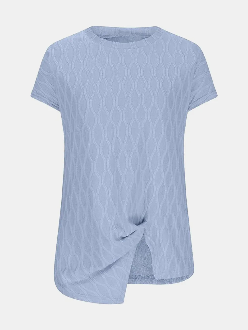 Light blue patterned round-neck short-sleeve T-shirt with side knot