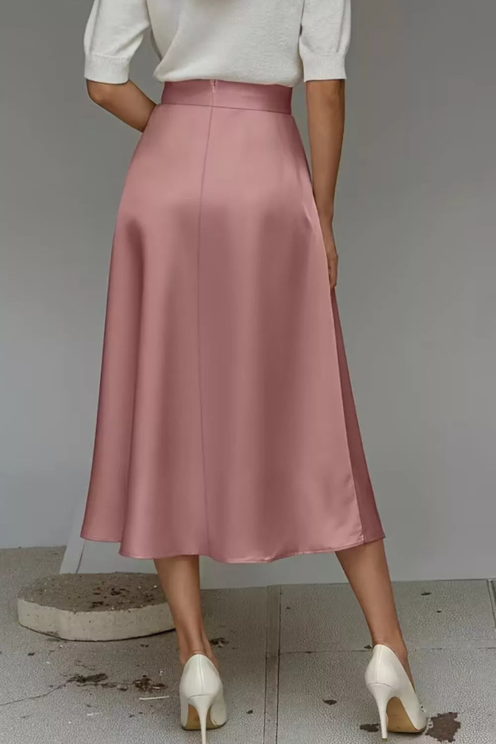 Dusty pink satin A-line midi skirt with side pockets