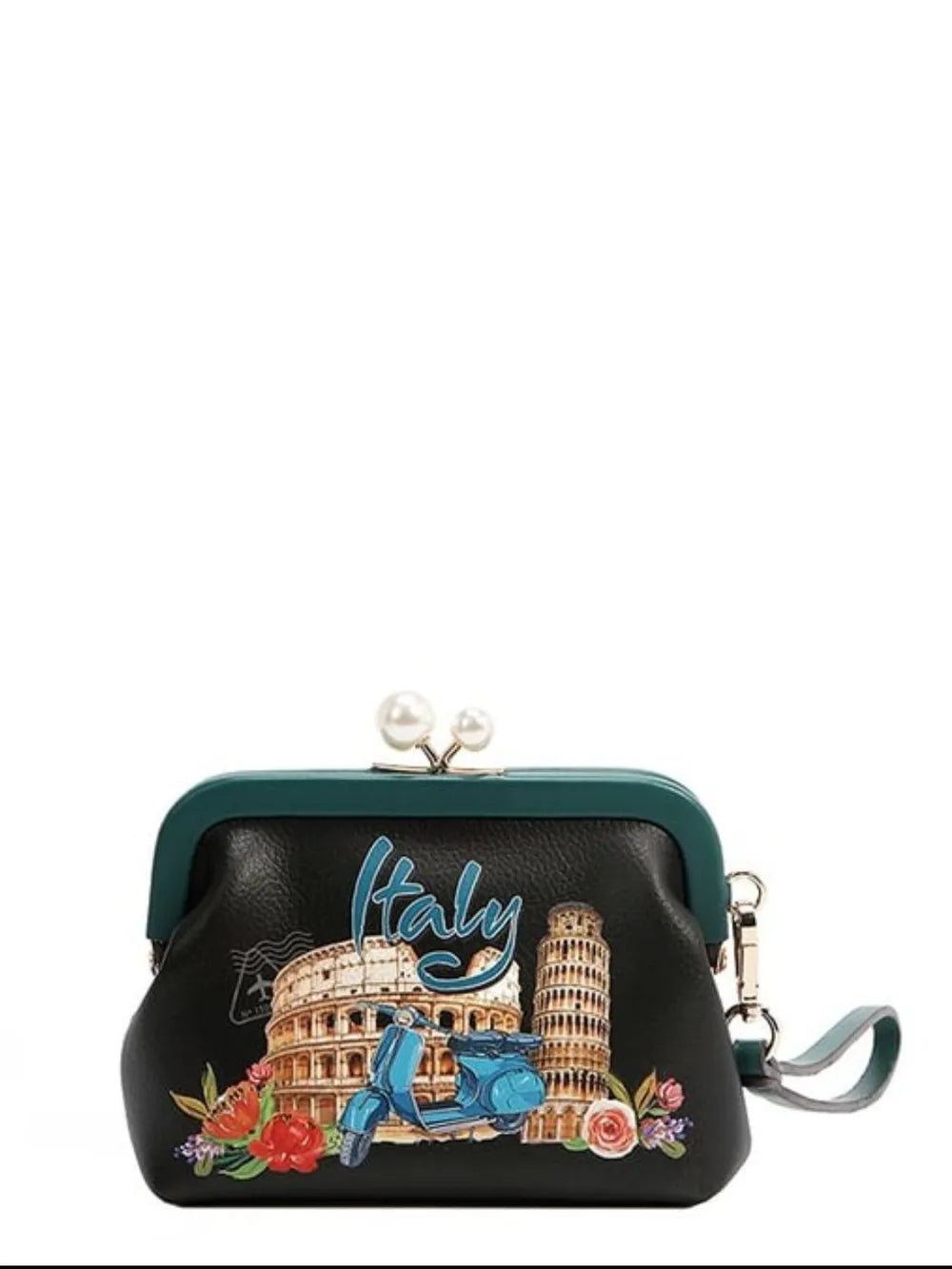 Chelsea kiss-lock coin purse with black leather-look back, Italy graphic and pearl clasp