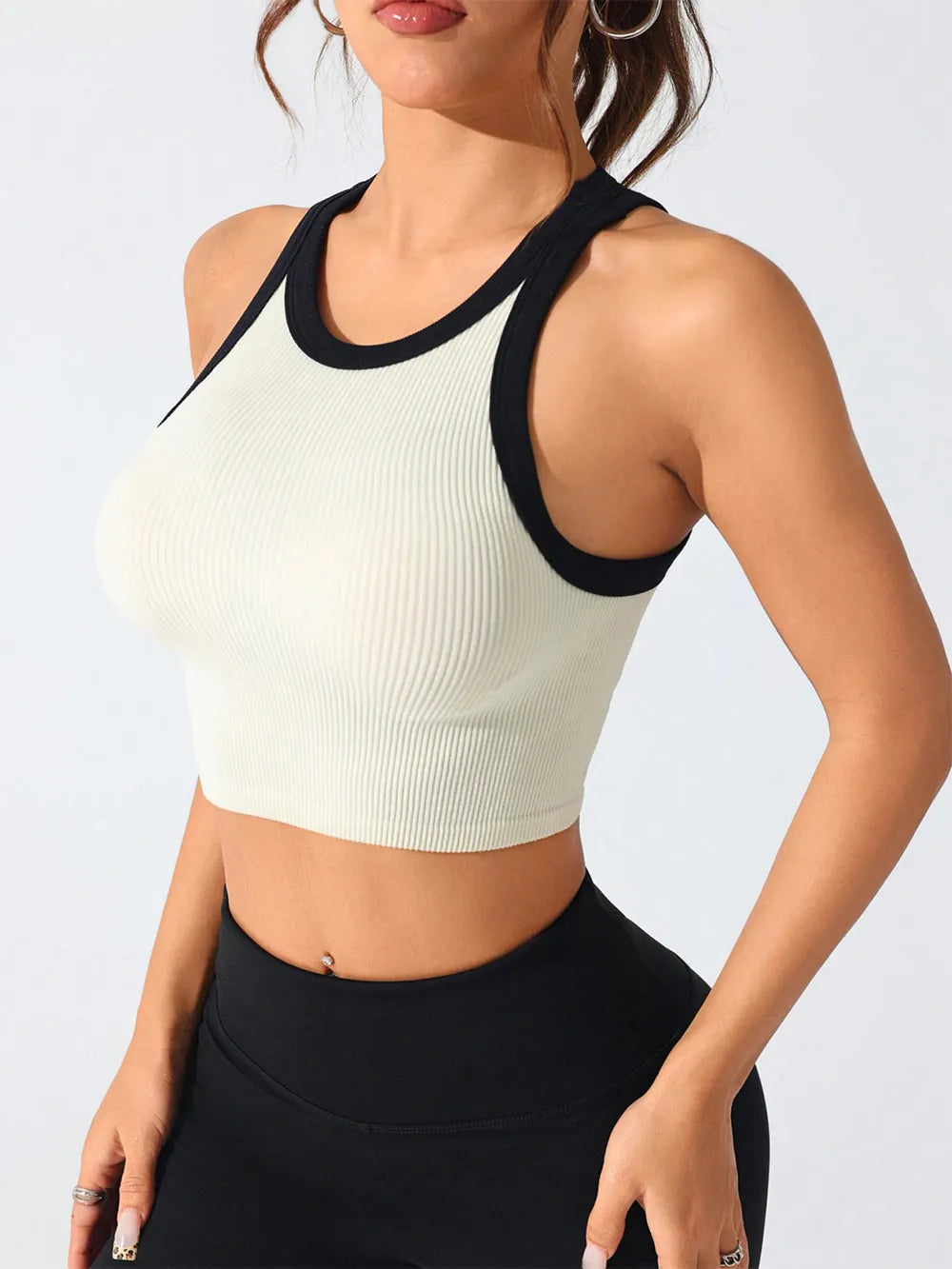 Cream contrast-trim round neck active tank with black racerback trim