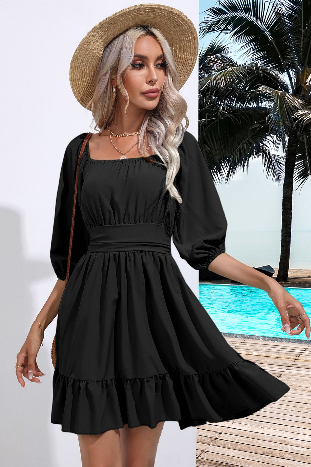Black square-neck tie-back ruffle hem dress with gathered waist and tiered ruffle hem