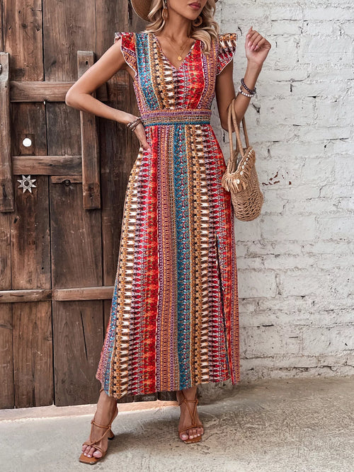 Boho print ruffle sleeve maxi dress with V-neck and fitted waist