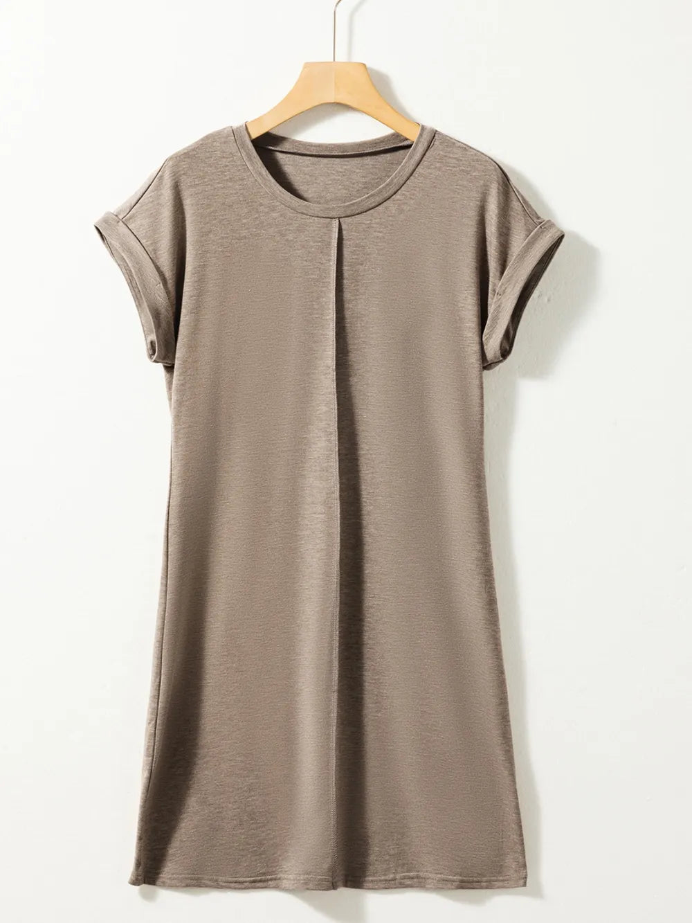 Mocha round-neck mini dress with short sleeves, front view