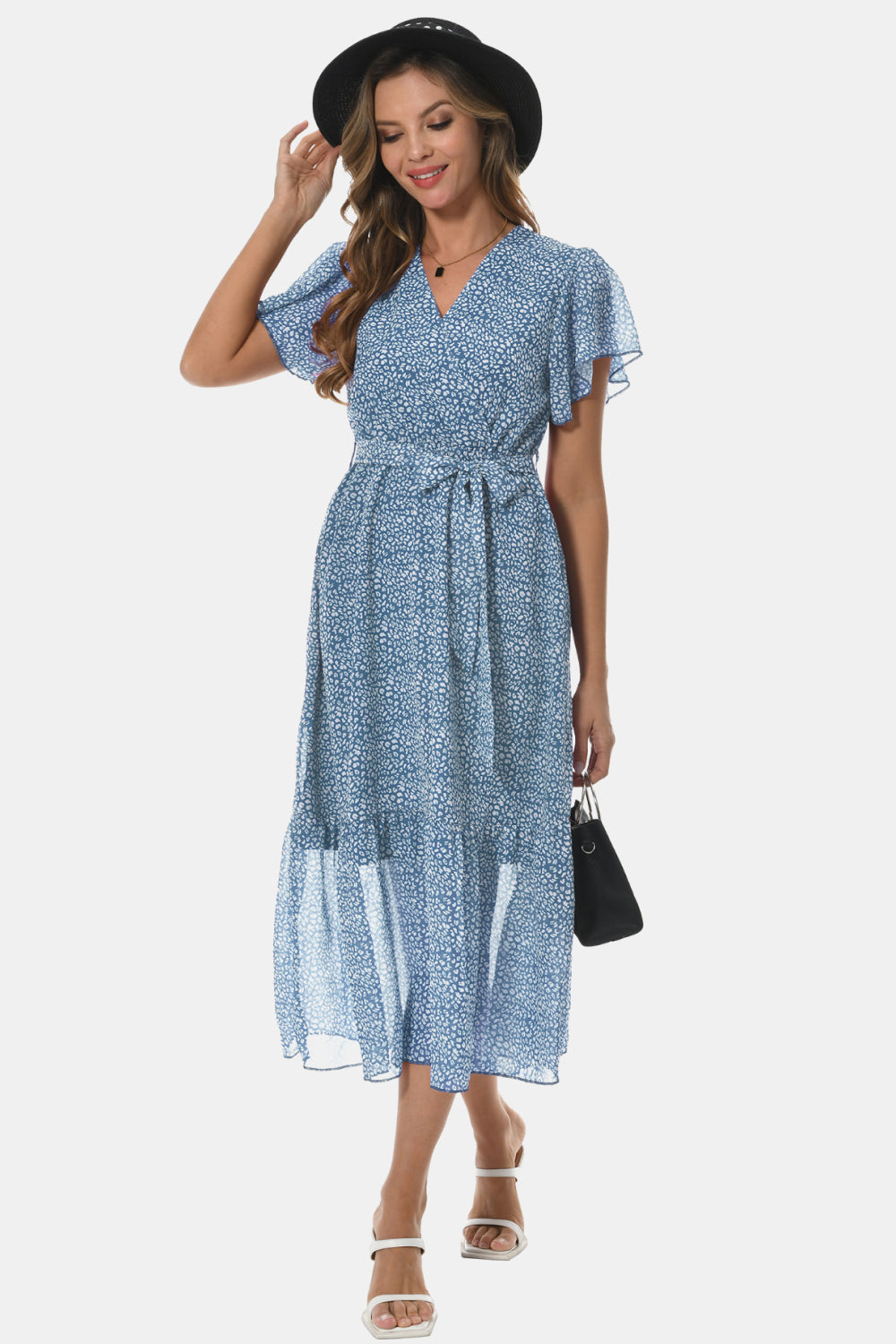 Light blue surplice V-neck flutter-sleeve dress with tie waist and tiered skirt