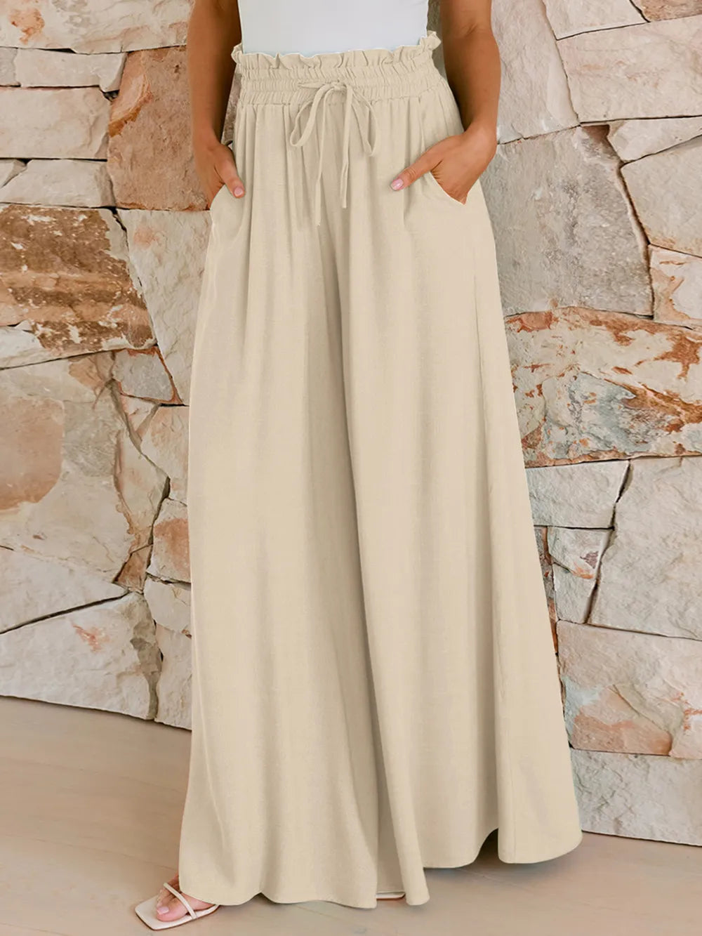 Drawstring wide-leg pants with elastic waist, light tan