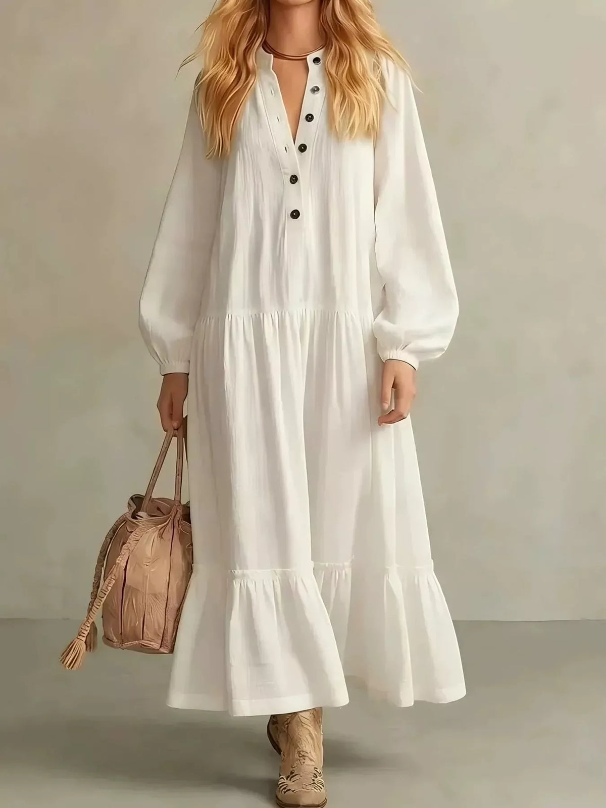 Ivory tiered button-front maxi dress with long puff sleeves and V-neck placket