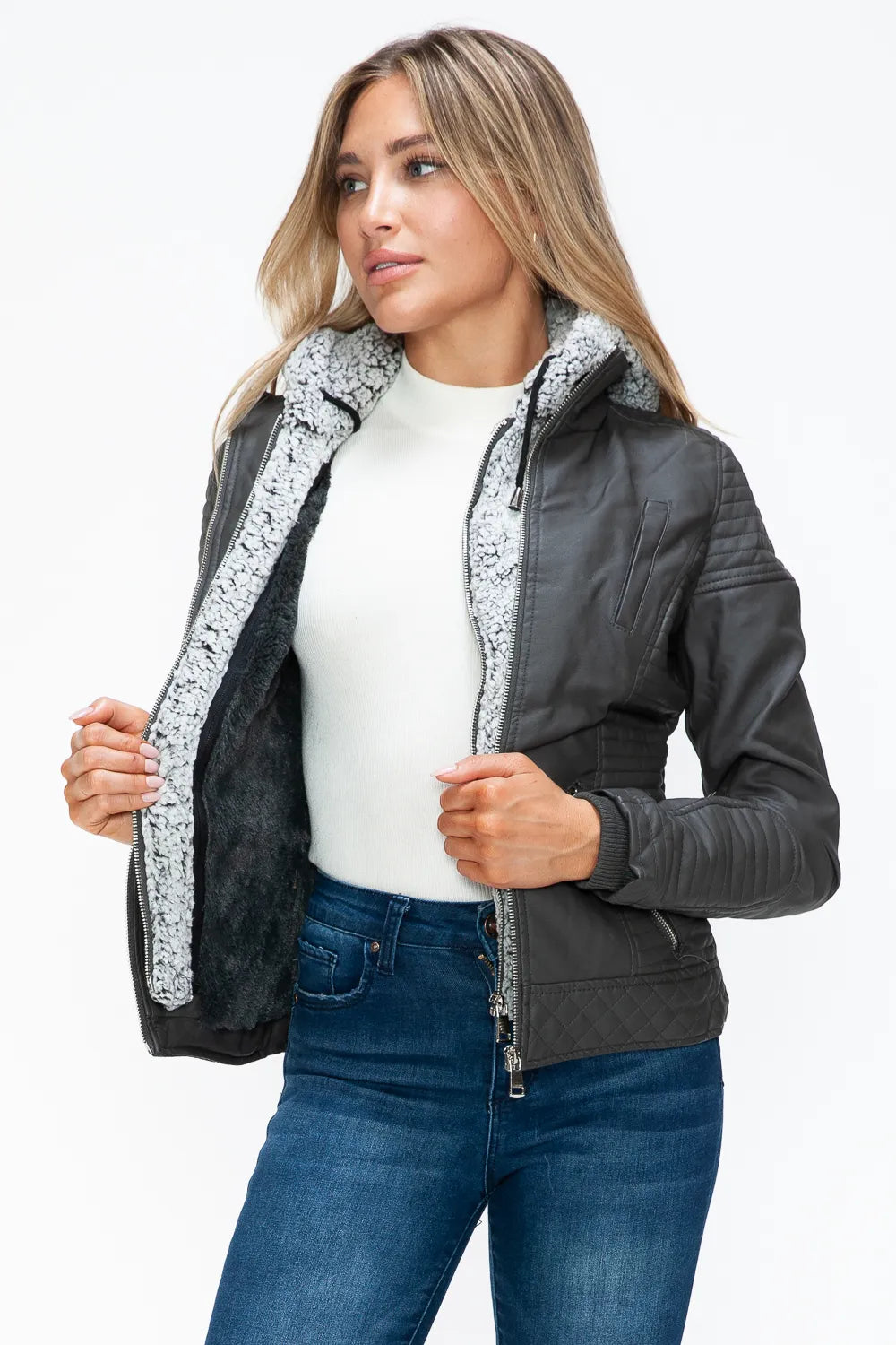 Charcoal zip jacket with fuzzy hood lining and front double zippers, close front view.