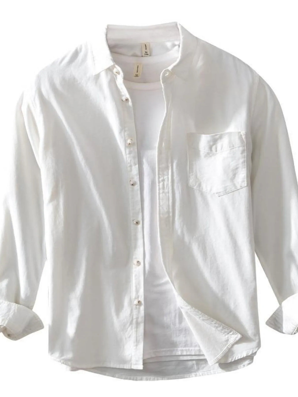 Men's white cotton button-up shirt with long sleeves, front buttons, and chest pocket