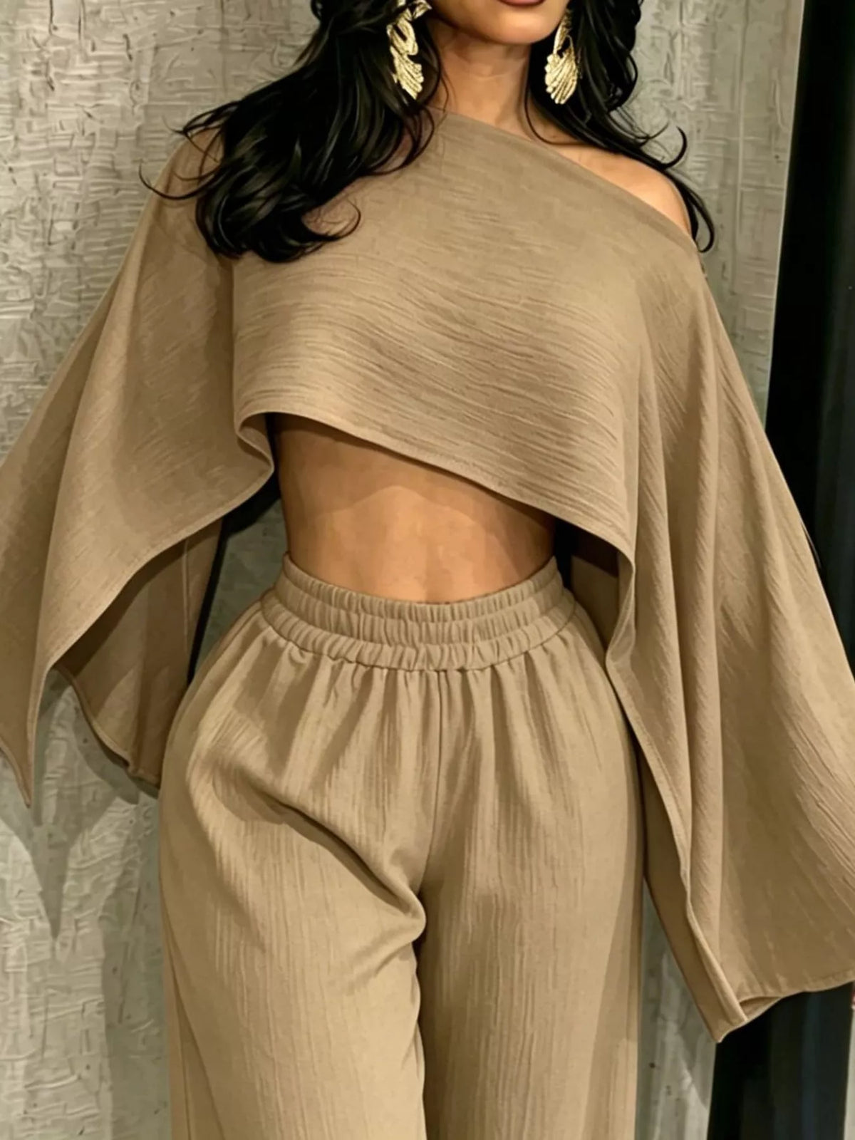 Beige boat-neck crop top and wide-leg pants set, draped sleeves
