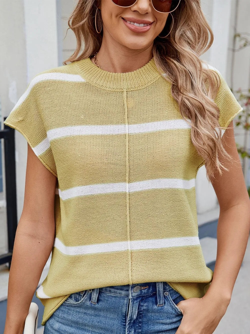 Chartreuse and white striped knit top with exposed seam, round neck, short sleeves