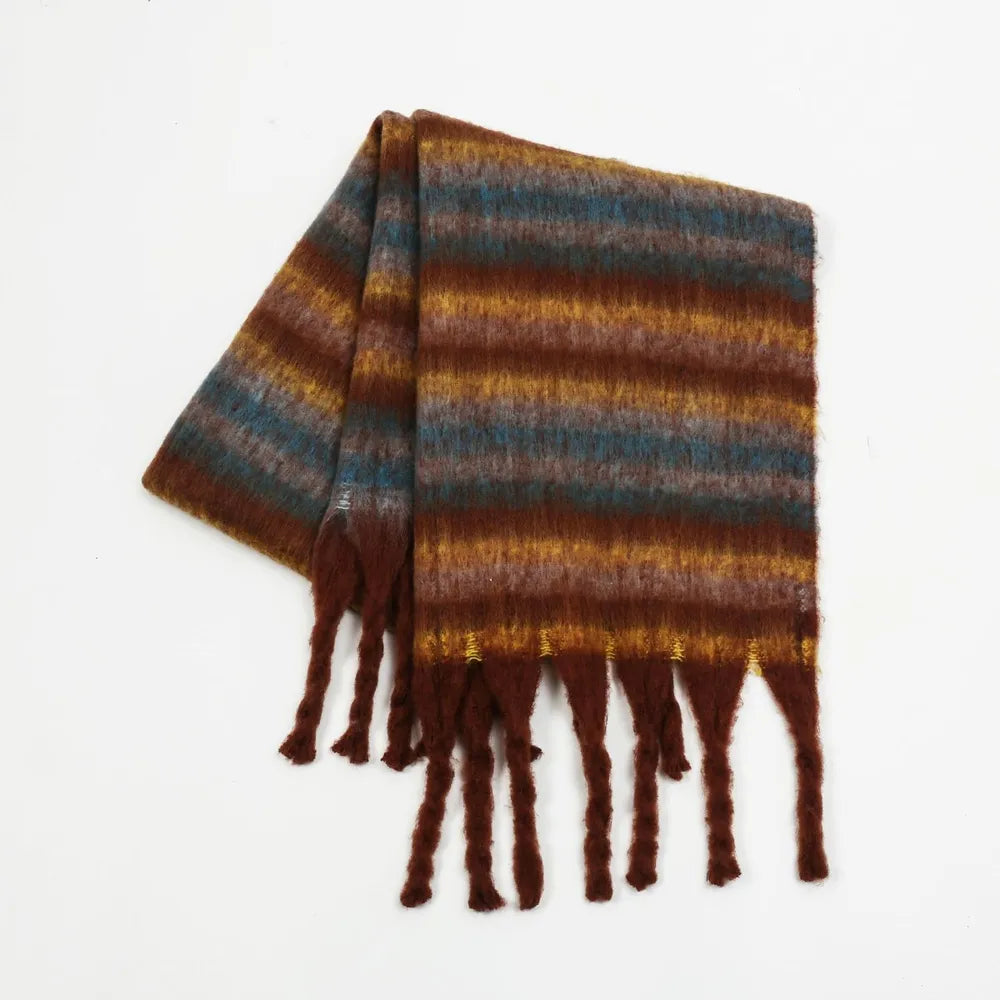 Fringe striped polyester scarf in dark brown with teal stripes, long tassels.