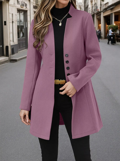 Purple long sleeve coat with button front, stand collar, and flap pockets.