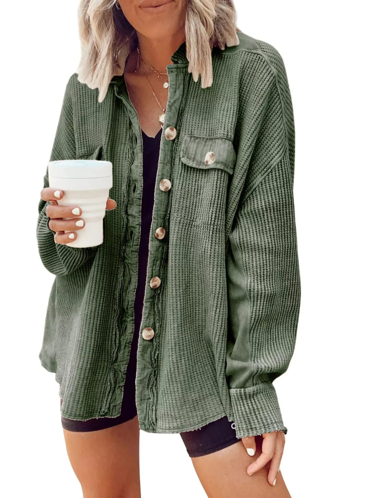 Light green waffle-knit button-up jacket with chest pocket and front snap buttons