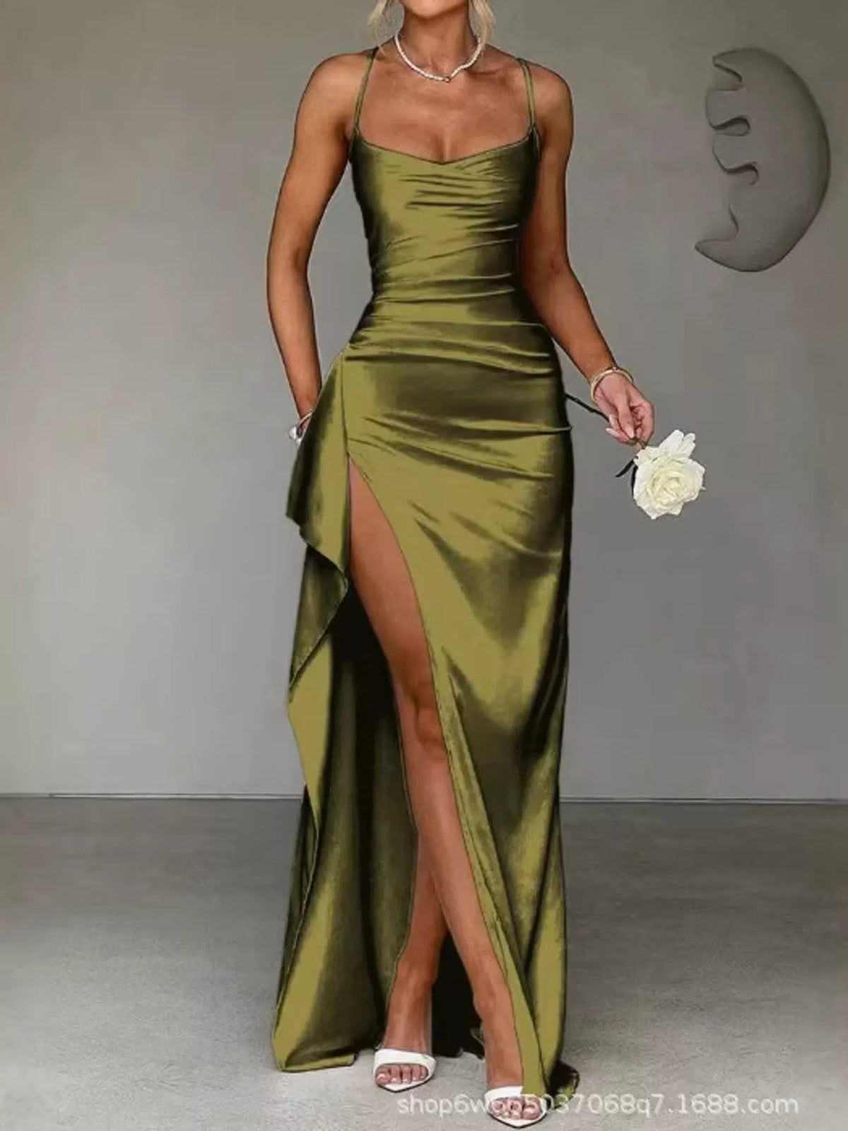 Ruched satin maxi dress with spaghetti straps and high side slit, olive green
