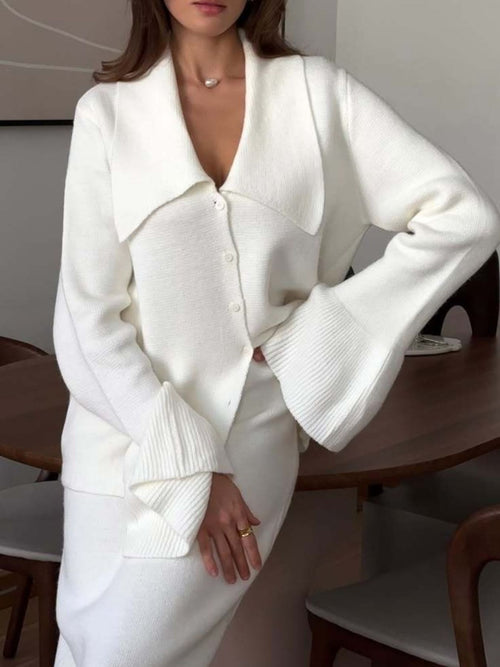 Milky white knit cardigan set with button front long sleeves and matching skirt