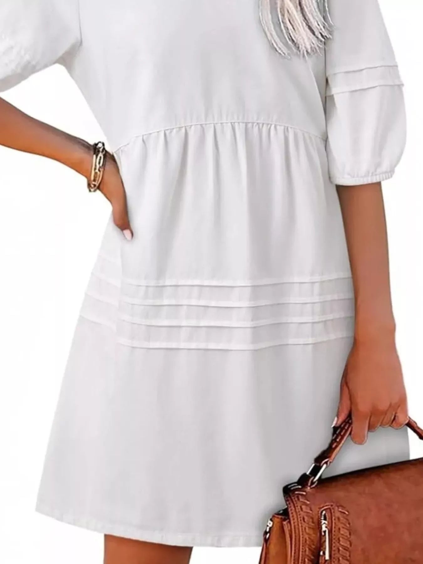 Cedar & Moore Casual V-Neck Puff Sleeve Denim Mini Dress in light denim