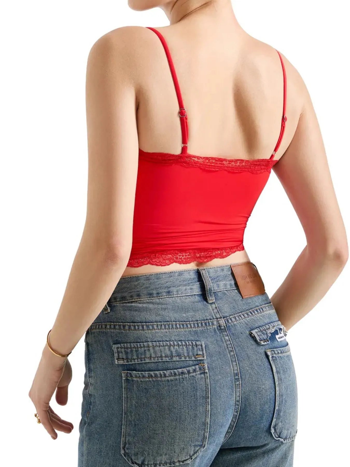 Red lace-trim cami top with spaghetti straps, scalloped neckline and lace hem