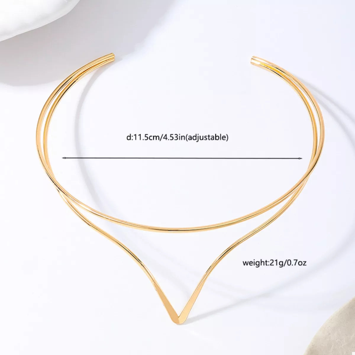 Gold double-layer V-shaped choker necklace with thin bands and adjustable fit