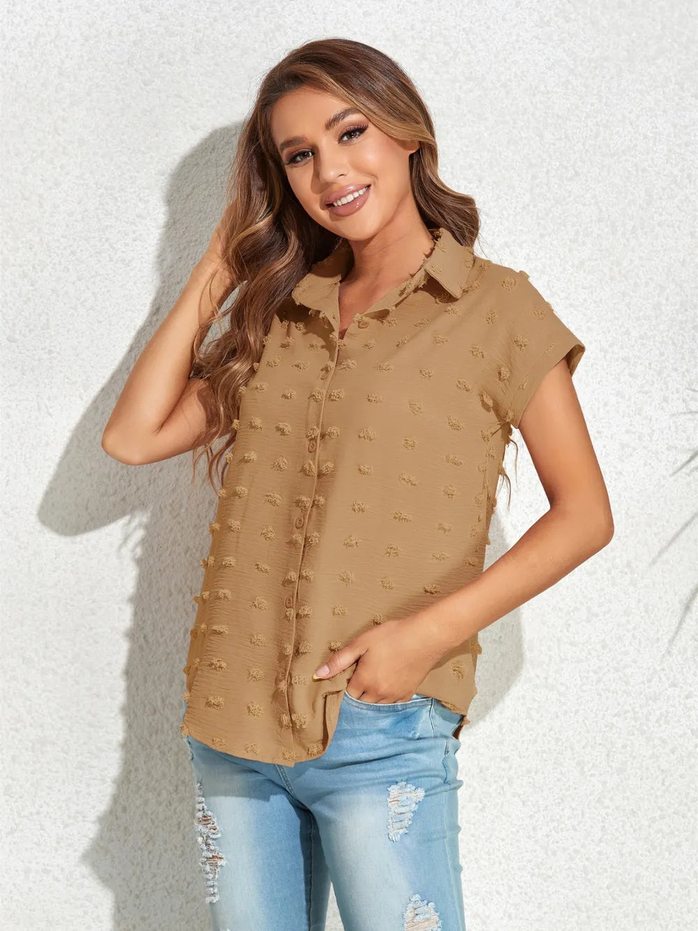 Khaki swiss-dot button-front cap-sleeve shirt with pointed collar