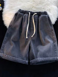 Men's elastic-waist washed denim shorts, dark black with drawstring ties