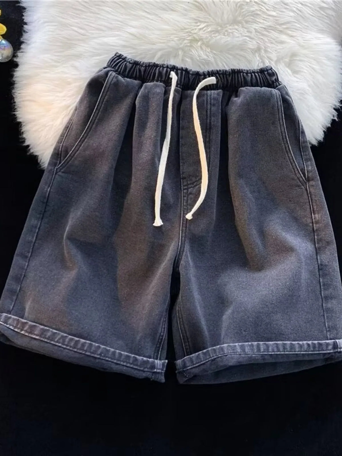 Men's elastic-waist washed denim shorts, dark black with drawstring ties